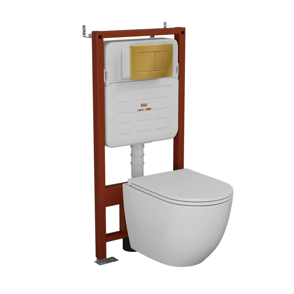 Фото Комплект инсталляции Bauedge Bau Ideal E458103-BL0001-HQ3-E00108, с унитазом безободковым Dream Hurricane3 клавиша Light золото Фото Комплект инсталляции Bauedge Bau Ideal E458103-BL0001-HQ3-E00108, с унитазом безободковым Dream Hurricane3 клавиша Light золото