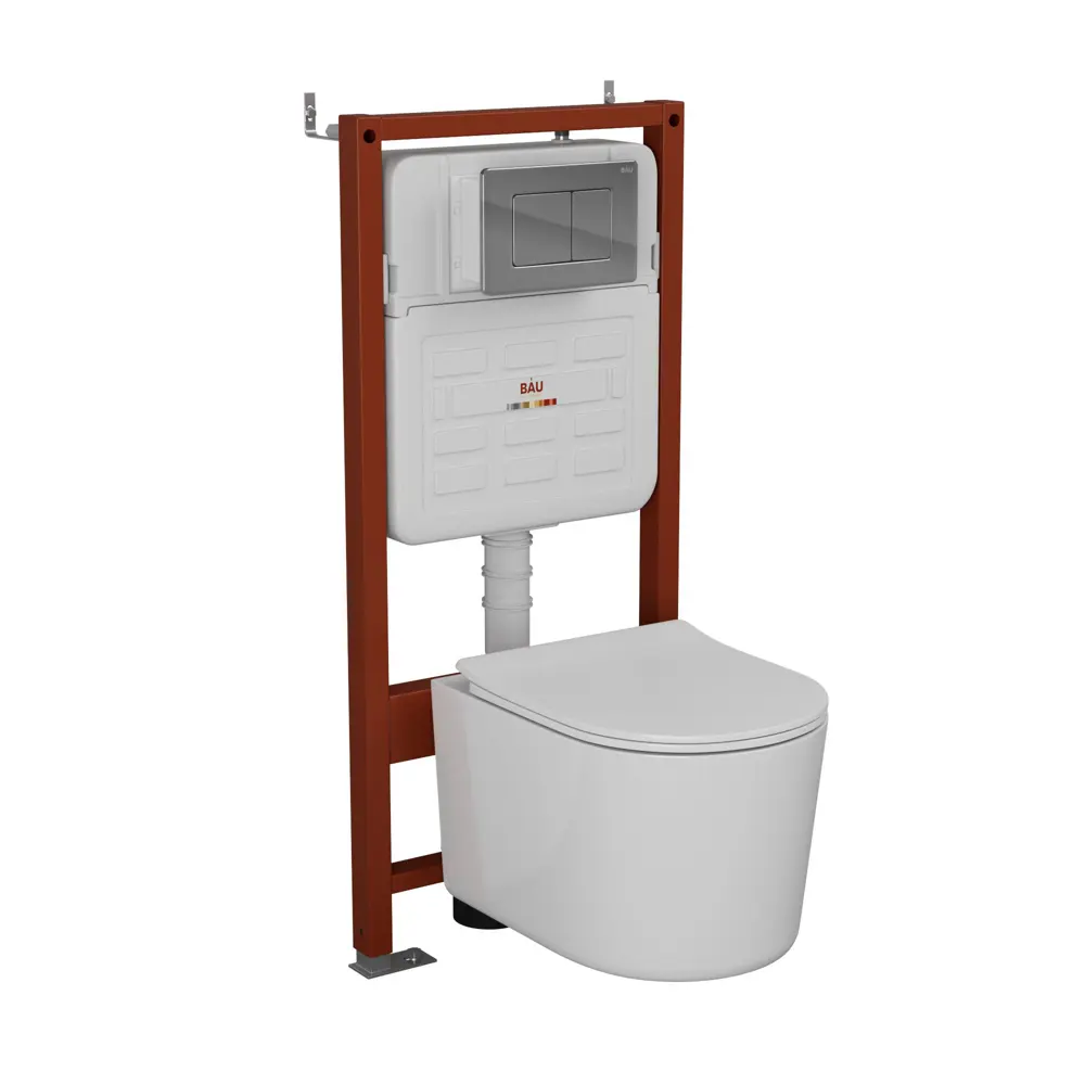 Фото Комплект инсталляции Bauedge Bau Ideal E458103-NM0003-PRO-E00105, с унитазом безободковым Hotel Pro клавиша Light нержавеющая сталь хром Фото Комплект инсталляции Bauedge Bau Ideal E458103-NM0003-PRO-E00105, с унитазом безободковым Hotel Pro клавиша Light нержавеющая сталь хром