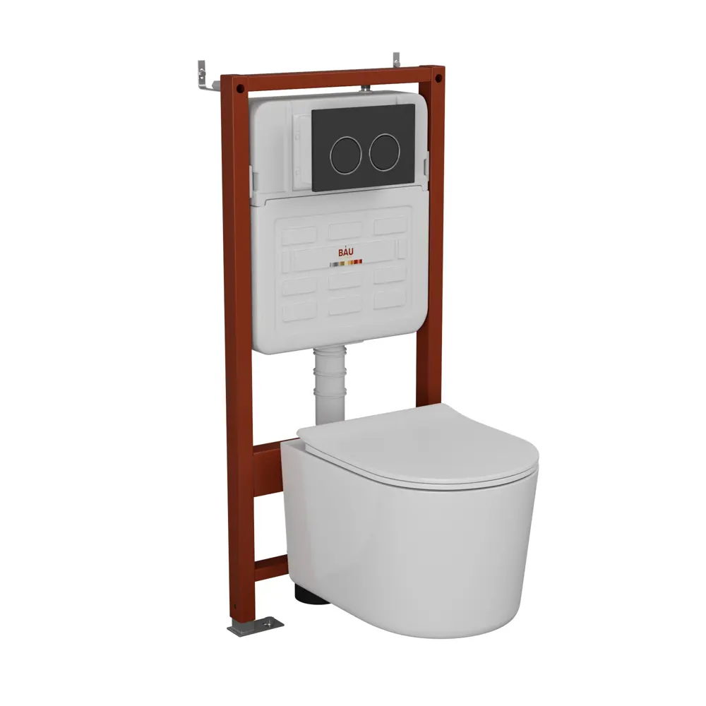 Фото Комплект инсталляции Bauedge Bau Ideal E458103-NM0003-PRO-E00115, с унитазом безободковым Hotel Pro клавиша Round, черная матовая Фото Комплект инсталляции Bauedge Bau Ideal E458103-NM0003-PRO-E00115, с унитазом безободковым Hotel Pro клавиша Round, черная матовая