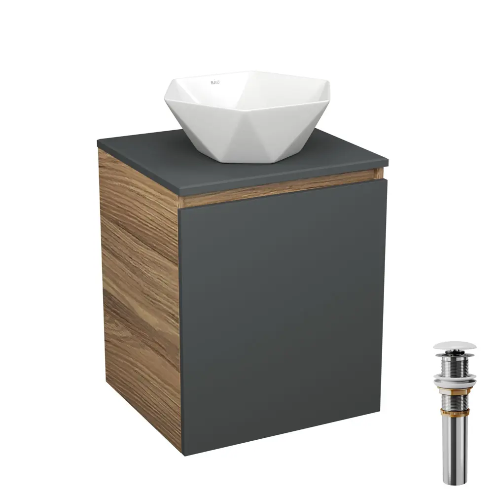 Фото Тумба Bauedge Bau Dream Blackwood 50 графит раковина Crystal 40x40 выпуск клик клак белый Фото Тумба Bauedge Bau Dream Blackwood 50 графит раковина Crystal 40x40 выпуск клик клак белый