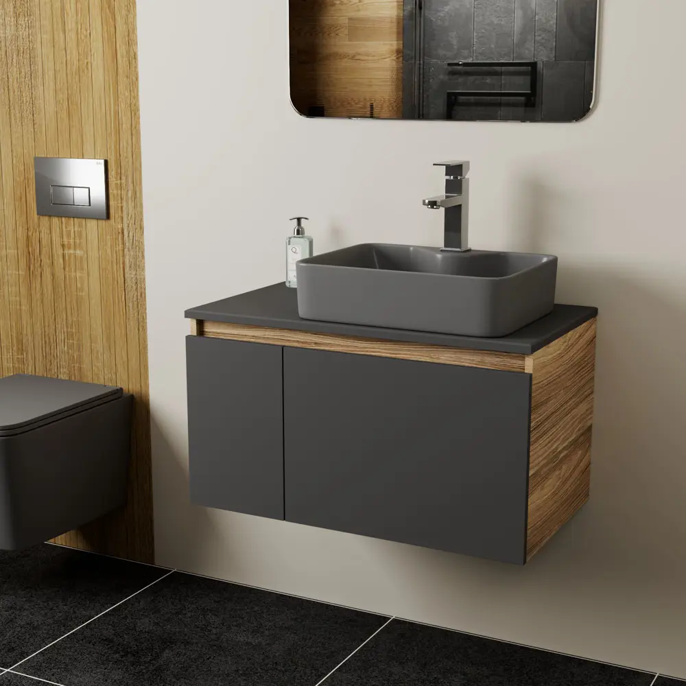 Фото 2 Комплект: тумба Bauedge Bau Dream Blackwood графит 80 раковина Cerama 48x37 темно-серая смеситель Hotel Stil нерж сталь Фото 2 Комплект: тумба Bauedge Bau Dream Blackwood графит 80 раковина Cerama 48x37 темно-серая смеситель Hotel Stil нерж сталь