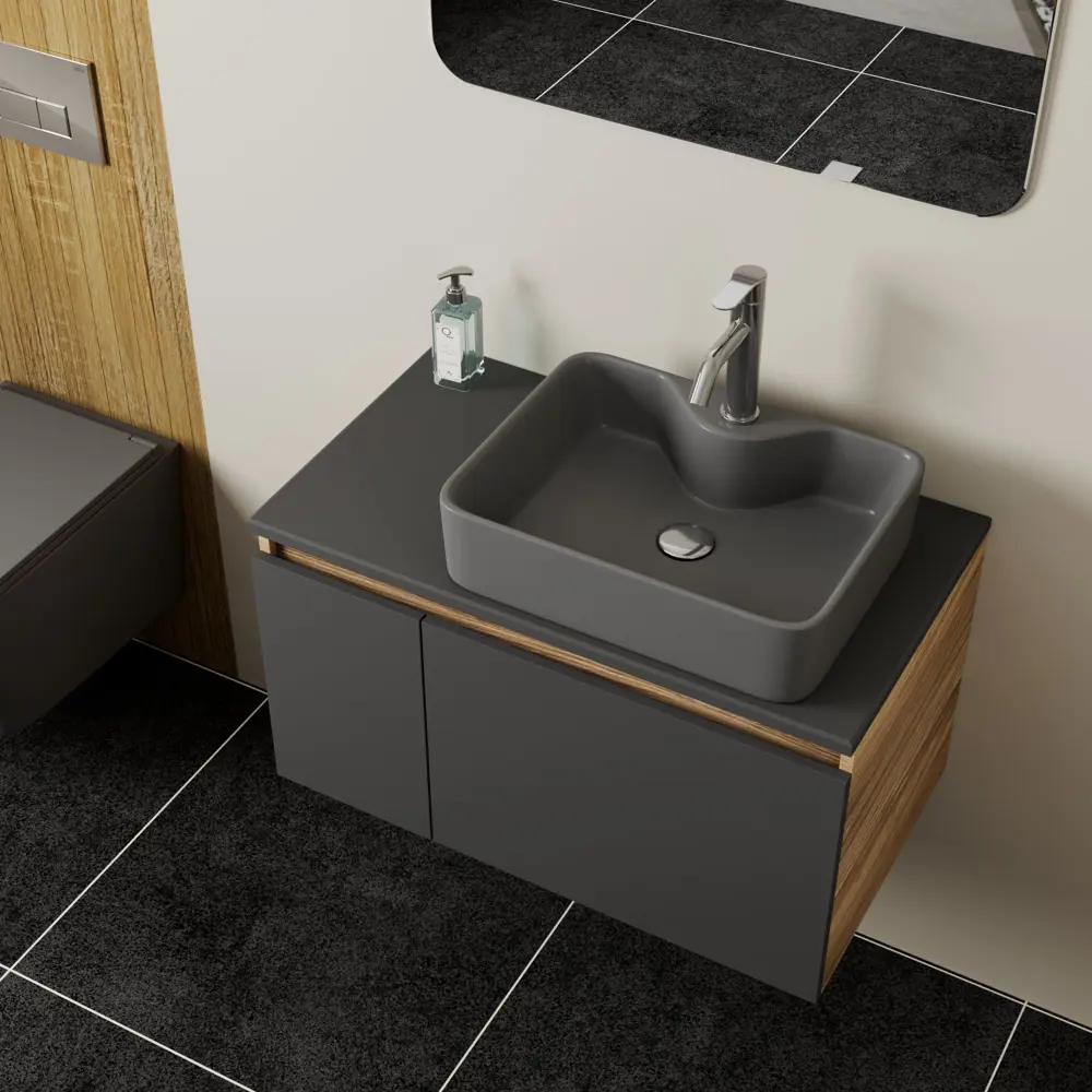 Фото 2 Комплект: тумба Bauedge Bau Dream Blackwood графит 80 раковина BAU Cerama 48x37 темно-серая смеситель Hotel Dream нерж сталь выпуск клик клак хром Фото 2 Комплект: тумба Bauedge Bau Dream Blackwood графит 80 раковина BAU Cerama 48x37 темно-серая смеситель Hotel Dream нерж сталь выпуск клик клак хром