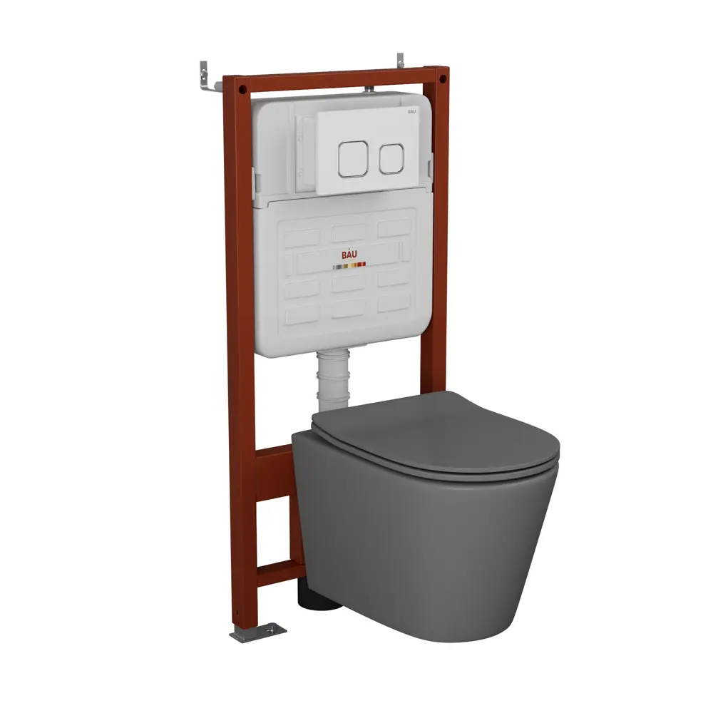Фото Комплект инсталляции Bauedge Bau Ideal E458103-BK0001DG-E00104, с унитазом безободковым Nimb темно-серый матовый клавиша Strike, белая/хром Фото Комплект инсталляции Bauedge Bau Ideal E458103-BK0001DG-E00104, с унитазом безободковым Nimb темно-серый матовый клавиша Strike, белая/хром