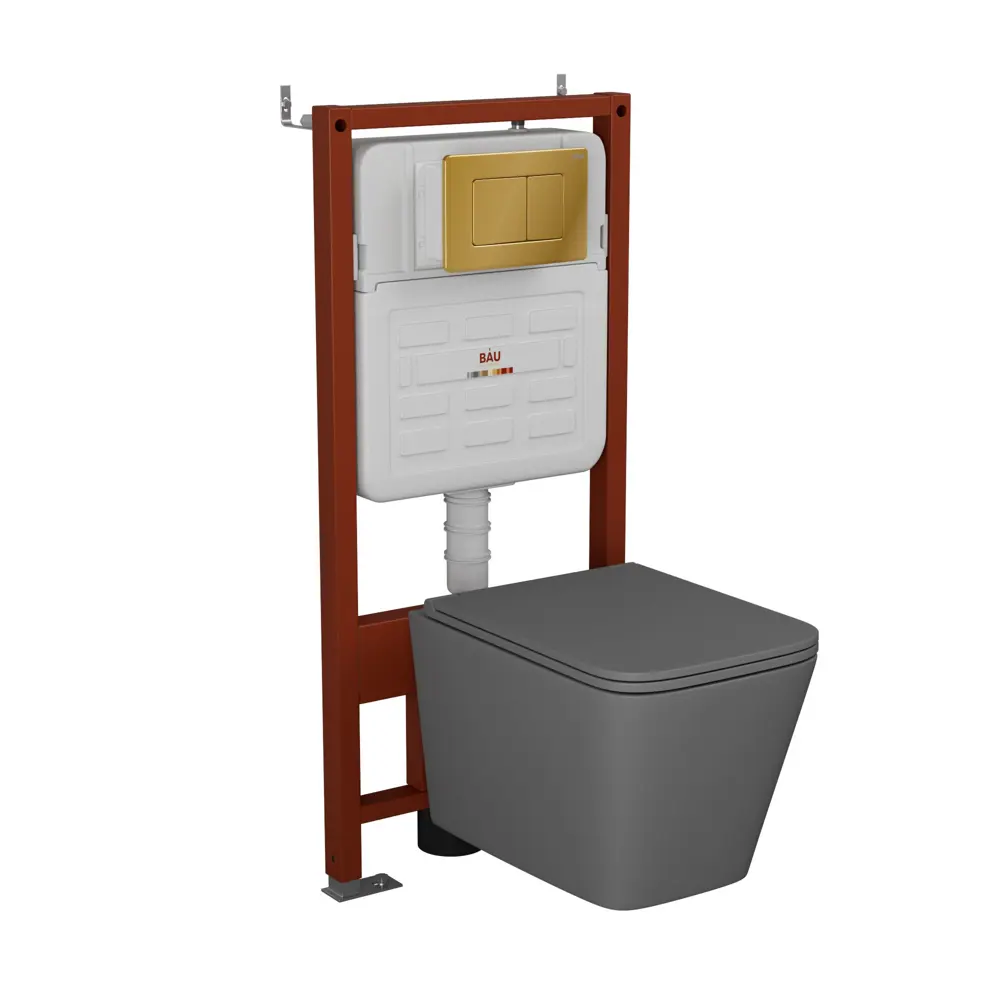 Фото Комплект инсталляции Bauedge Bau Ideal E458103-BS0001-HQ2-DG-E00108, с унитазом безободковым Stil Hurricane-2 темно-серый клавиша Light золото