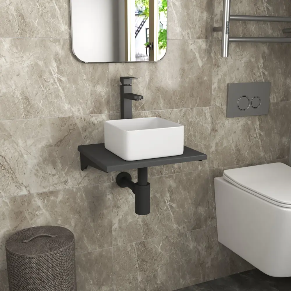 Фото 2 Комплект Bauedge: Столешница кварц 40 см раковина Bau Mini 24x24 смеситель Hotel Black выпуск и сифон Dream BF1012 Фото 2 Комплект Bauedge: Столешница кварц 40 см раковина Bau Mini 24x24 смеситель Hotel Black выпуск и сифон Dream BF1012