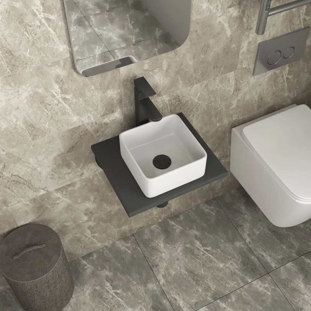 Фото 3 Комплект Bauedge: Столешница кварц 40 см раковина Bau Mini 24x24 смеситель Hotel Black выпуск и сифон Dream BF1012 Фото 3 Комплект Bauedge: Столешница кварц 40 см раковина Bau Mini 24x24 смеситель Hotel Black выпуск и сифон Dream BF1012
