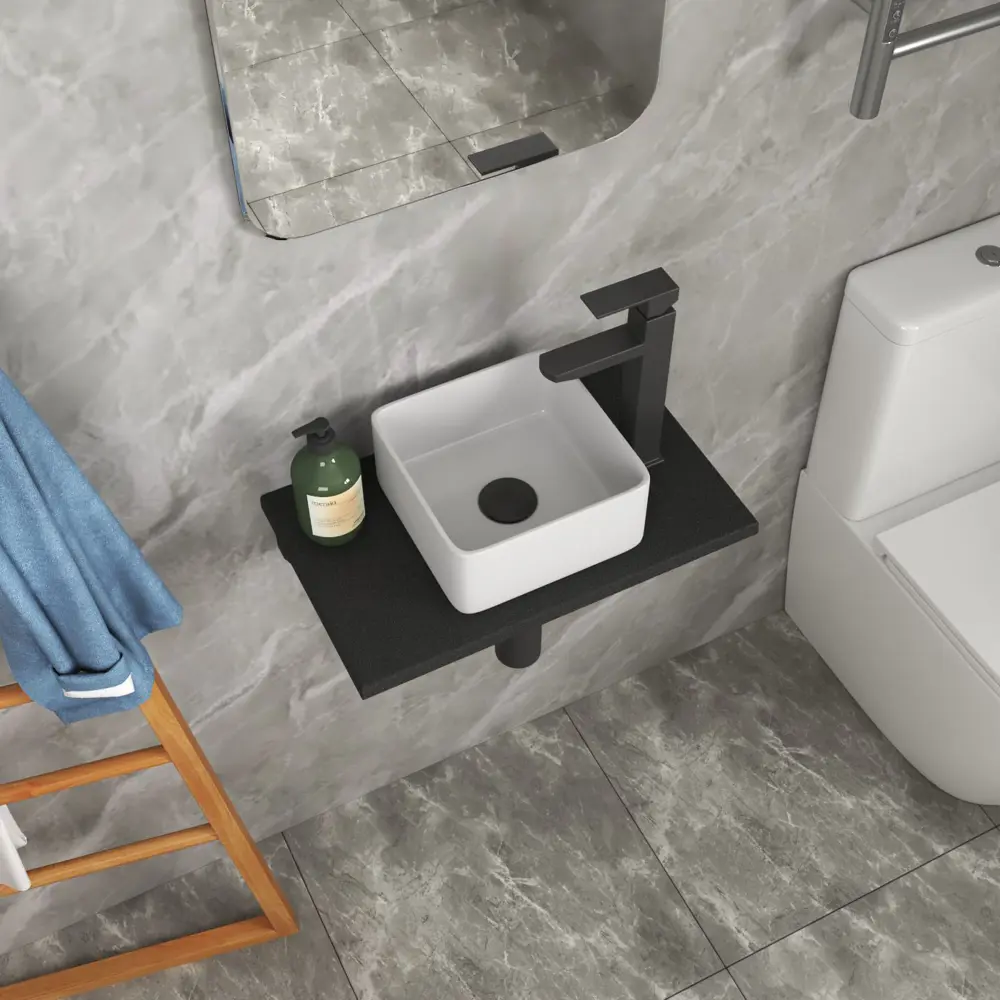 Фото 3 Комплект Bauedge: столешница кварц 50 см с кронштейнами Bau Mini квадрат 24x24, смеситель Hotel Black черный, выпуск и сифон Dream Фото 3 Комплект Bauedge: столешница кварц 50 см с кронштейнами Bau Mini квадрат 24x24, смеситель Hotel Black черный, выпуск и сифон Dream