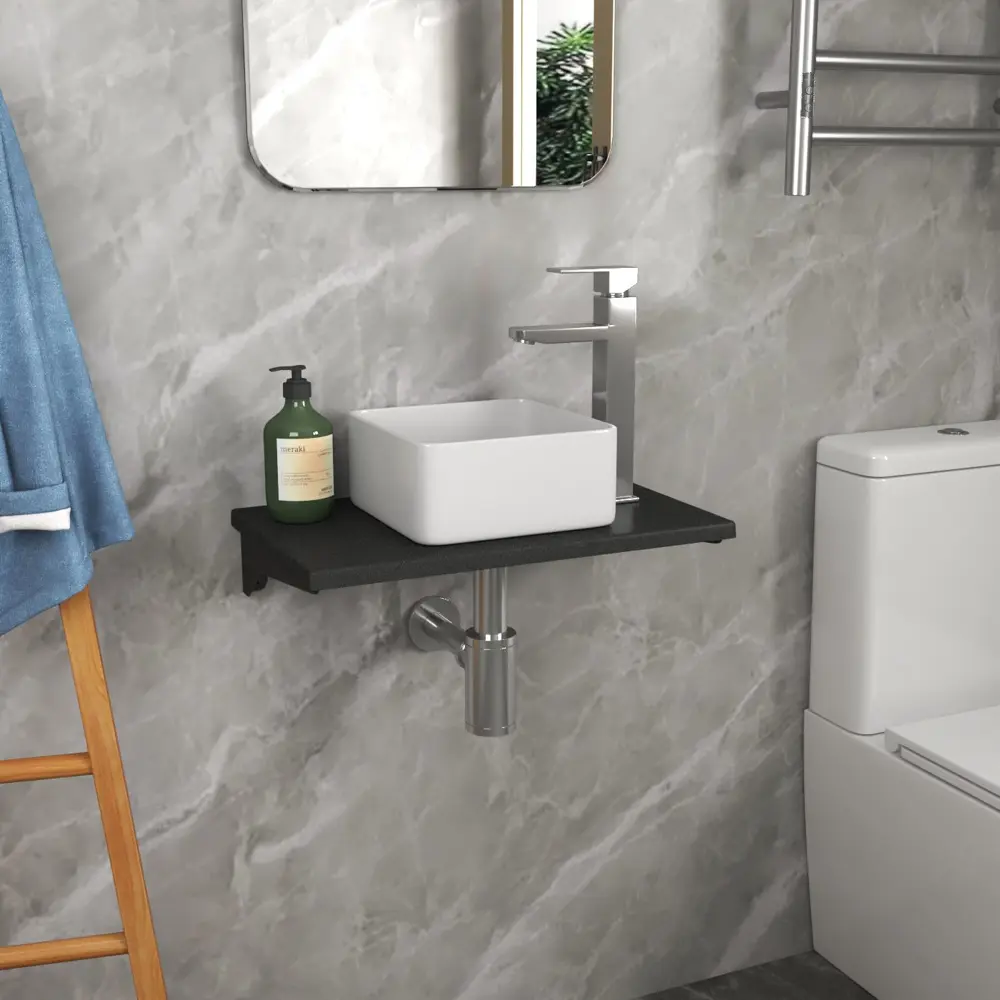 Фото 2 Комплект Bauedge: Столешница кварц 50 см раковина Bau Mini Квадрат 24x24 смеситель хром Hotel Still выпуск и сифон Bau Dream хром BF1050 Фото 2 Комплект Bauedge: Столешница кварц 50 см раковина Bau Mini Квадрат 24x24 смеситель хром Hotel Still выпуск и сифон Bau Dream хром BF1050