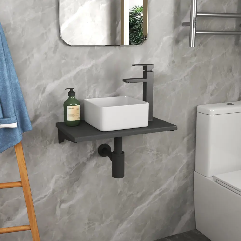 Фото 2 Комплект Bauedge: Столешница кварц 50 см раковина Bau Mini 24x24 смеситель Hotel Black выпуск и сифон Dream BF1058 Фото 2 Комплект Bauedge: Столешница кварц 50 см раковина Bau Mini 24x24 смеситель Hotel Black выпуск и сифон Dream BF1058
