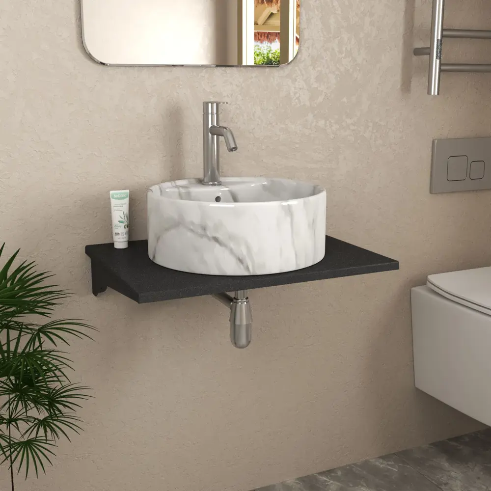 Фото 2 Комплект Bauedge: Столешница кварц 60 см раковина Bau Element D41 Мрамор Смеситель Dream выпуск и сифон Nimb хром BF1160 Фото 2 Комплект Bauedge: Столешница кварц 60 см раковина Bau Element D41 Мрамор Смеситель Dream выпуск и сифон Nimb хром BF1160
