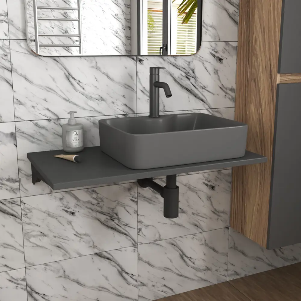 Фото 2 Комплект Bauedge: Столешница кварц 80 см раковина Bau Cerama 48x37 смеситель Dream Black выпуск и сифон Bau Dream BF1542 Фото 2 Комплект Bauedge: Столешница кварц 80 см раковина Bau Cerama 48x37 смеситель Dream Black выпуск и сифон Bau Dream BF1542
