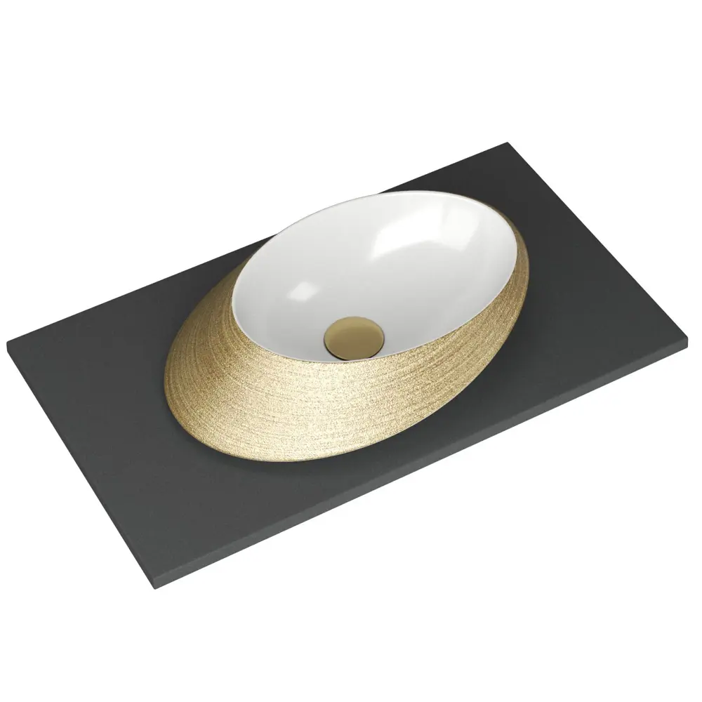 Фото Столешница кварц 80 см раковина накладная овал Bauedge Nimb Gold 52x38 выпуск слив Click Clack золото BF1588 Фото Столешница кварц 80 см раковина накладная овал Bauedge Nimb Gold 52x38 выпуск слив Click Clack золото BF1588