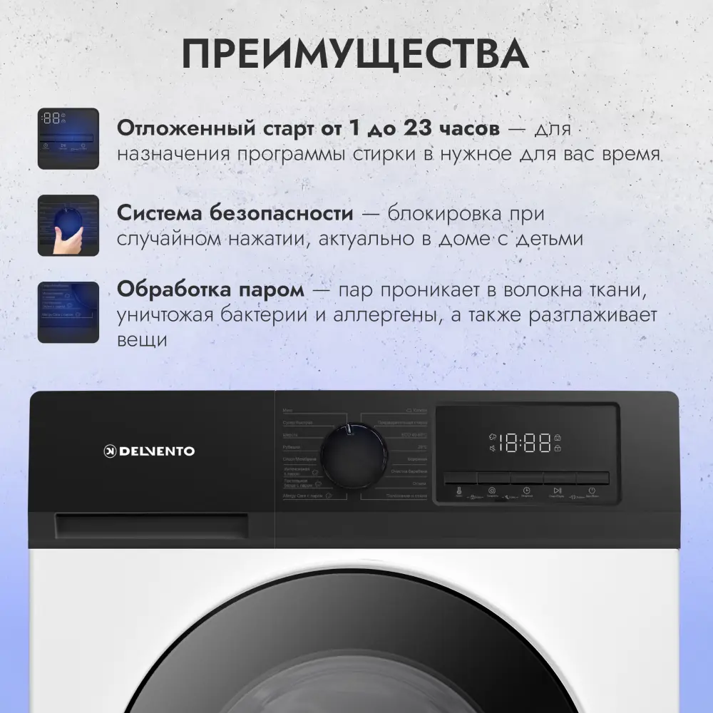 Фото 4 Стиральная машина DELVENTO VHC901 10.5 кг инверторный двигатель цвет белый Фото 4 Стиральная машина DELVENTO VHC901 10.5 кг инверторный двигатель цвет белый
