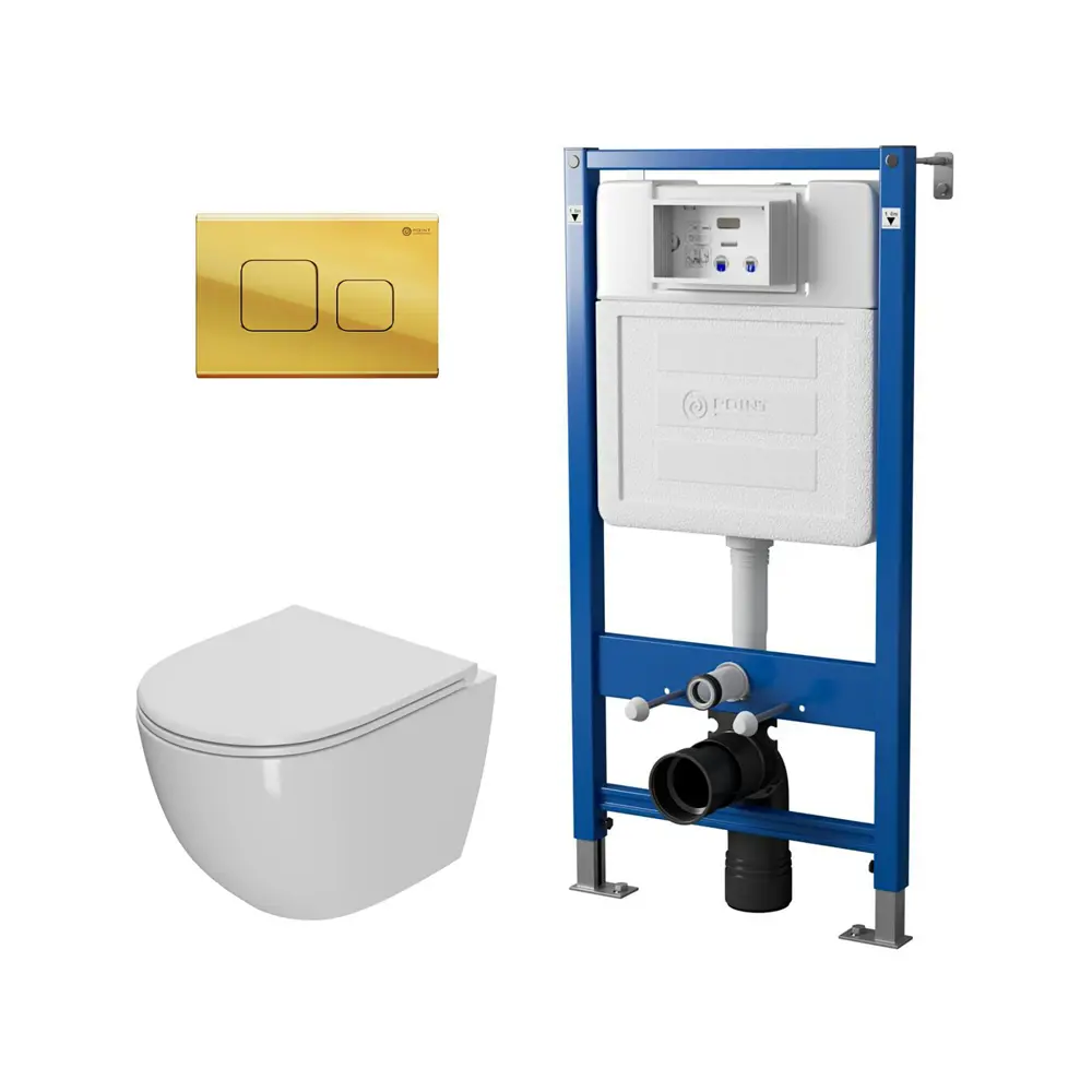 Фото Комплект инсталляция и унитаз POINT Афина PN41041 PN48341G цвет кнопки Золотистый цвет чаши белый Фото Комплект инсталляция и унитаз POINT Афина PN41041 PN48341G цвет кнопки Золотистый цвет чаши белый