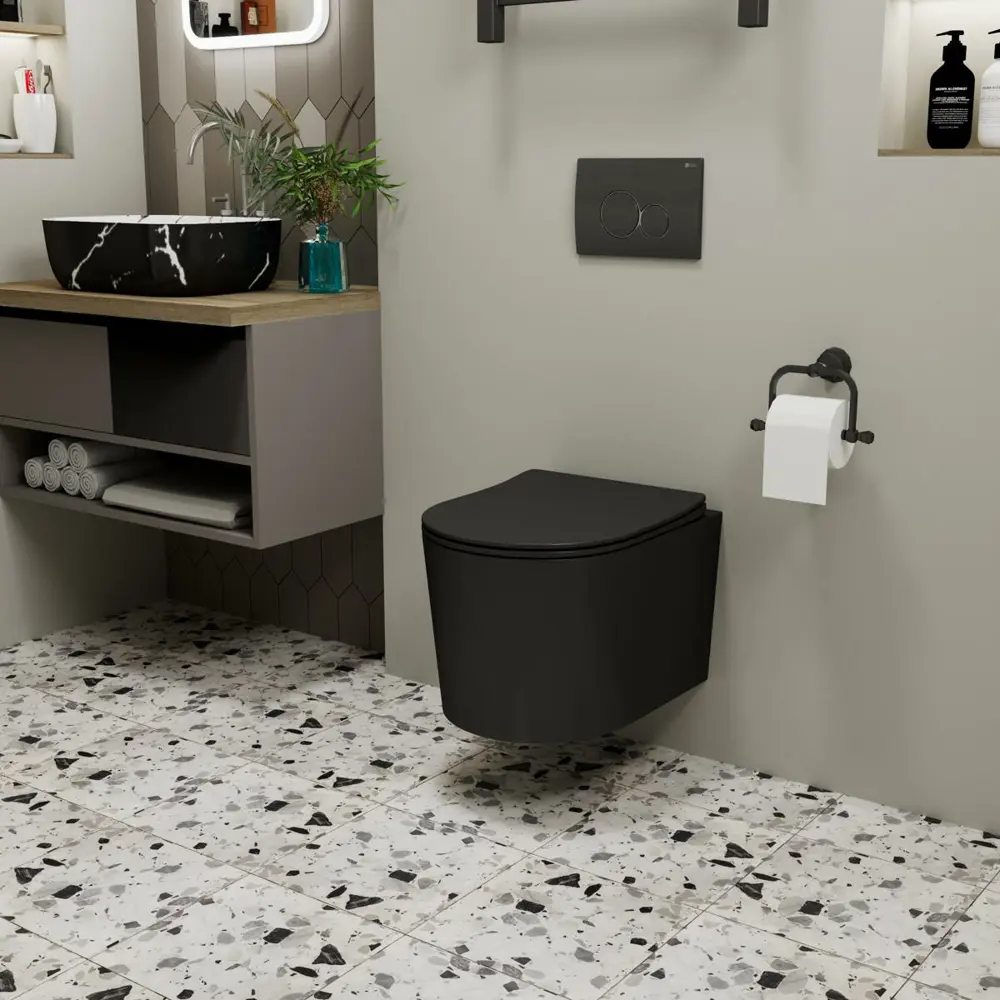 Фото 6 Комплект инсталляция и унитаз POINT Веста PN41701BM PN48445W цвет кнопки белый цвет чаши черный Фото 6 Комплект инсталляция и унитаз POINT Веста PN41701BM PN48445W цвет кнопки белый цвет чаши черный