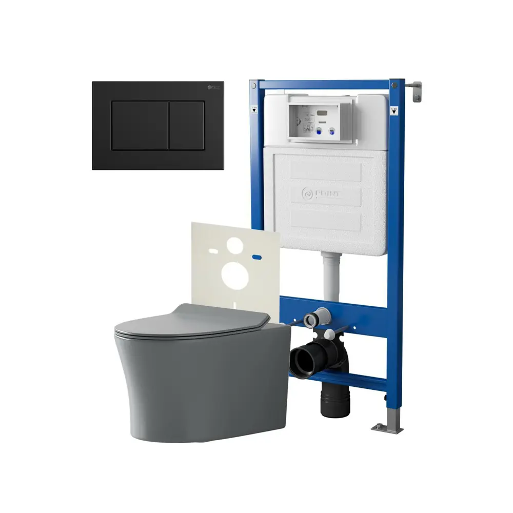 Фото Комплект инсталляция и унитаз POINT Вега PN41711GM PN48489BM цвет кнопки черный цвет чаши Серый