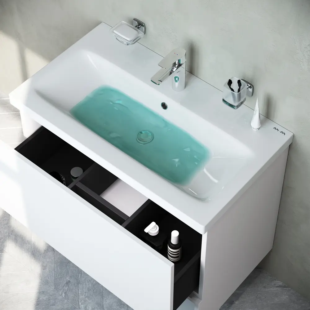 Фото 6 Тумба AM.PM GEM M90-FHX07521-WC0752WG подвесная, 75 см, 1 ящик push-to-open, белый глянец, с раковиной Фото 6 Тумба AM.PM GEM M90-FHX07521-WC0752WG подвесная, 75 см, 1 ящик push-to-open, белый глянец, с раковиной