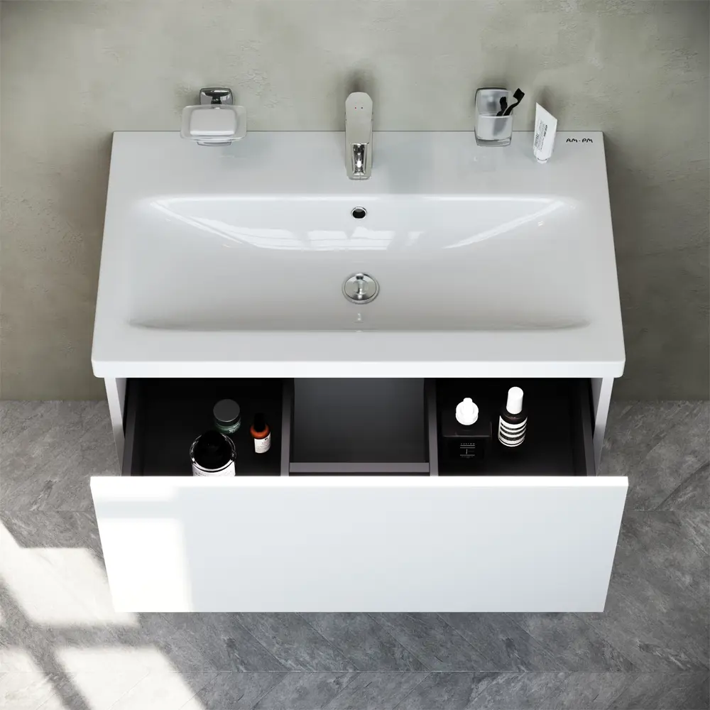 Фото 4 Тумба AM.PM GEM M90-FHX07521-WC0752WG подвесная, 75 см, 1 ящик push-to-open, белый глянец, с раковиной Фото 4 Тумба AM.PM GEM M90-FHX07521-WC0752WG подвесная, 75 см, 1 ящик push-to-open, белый глянец, с раковиной