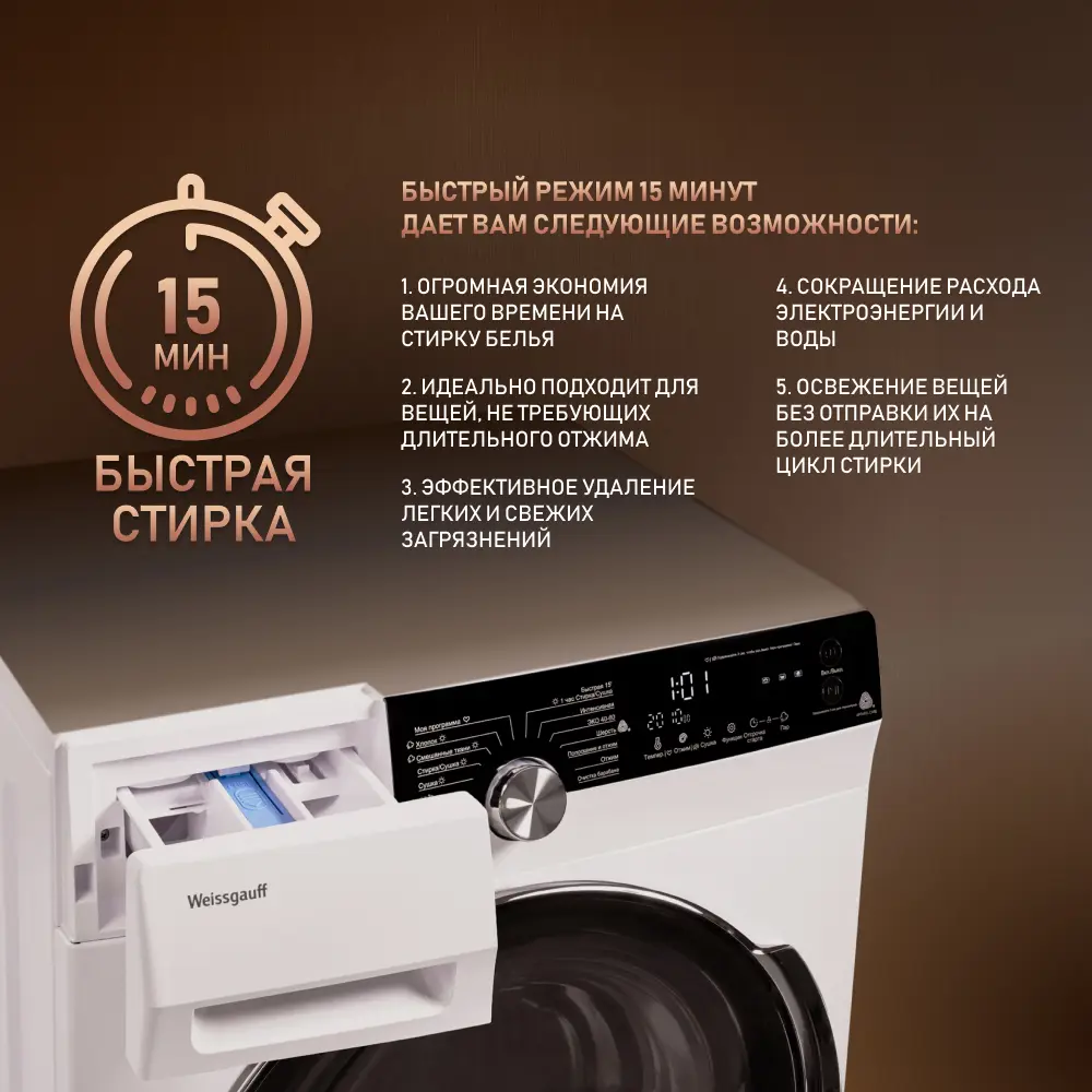 Фото 7 Стиральная машина Weissgauff WMD 4748 DC Inverter Steam 60x85x48 см, 8 кг, цвет белый Фото 7 Стиральная машина Weissgauff WMD 4748 DC Inverter Steam 60x85x48 см, 8 кг, цвет белый
