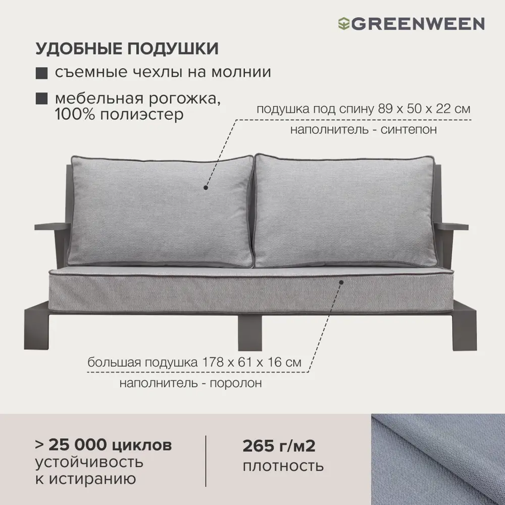 Фото 10 Диван садовый Greenween Korfu 94 см x 94 см x 68 см алюминий и ткани серый/серебристый Фото 10 Диван садовый Greenween Korfu 94 см x 94 см x 68 см алюминий и ткани серый/серебристый