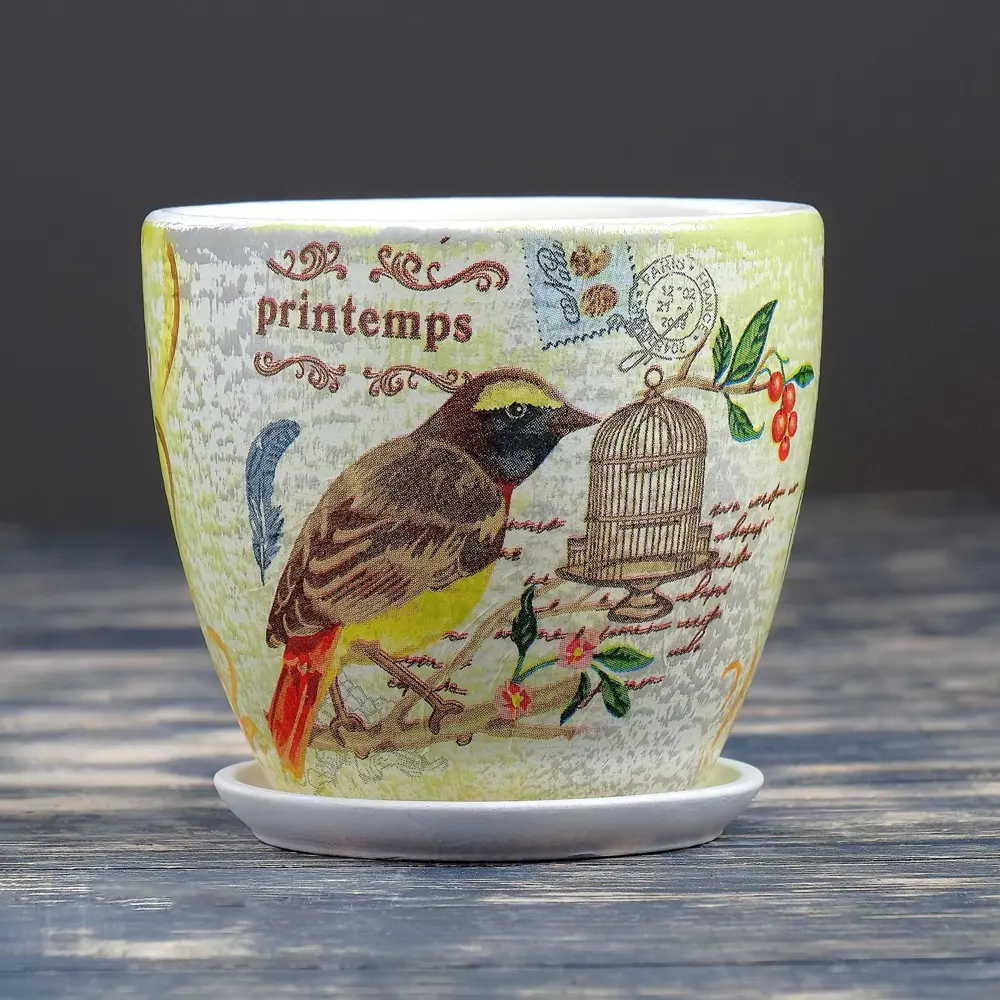 Фото 2 Горшок цветочный Винтаж птицы 0.8 л
