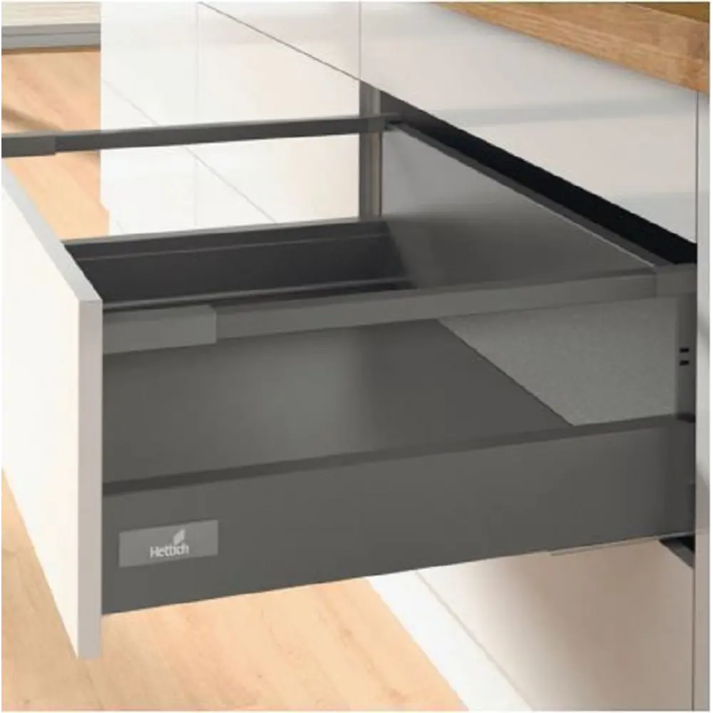Фото Комплект фурнитуры ящика Hettich InnoTech Atira Quadro 25 с доводчиком Silent System частичное выдвижение 470x176 мм с релингом антрацит Фото Комплект фурнитуры ящика Hettich InnoTech Atira Quadro 25 с доводчиком Silent System частичное выдвижение 470x176 мм с релингом антрацит