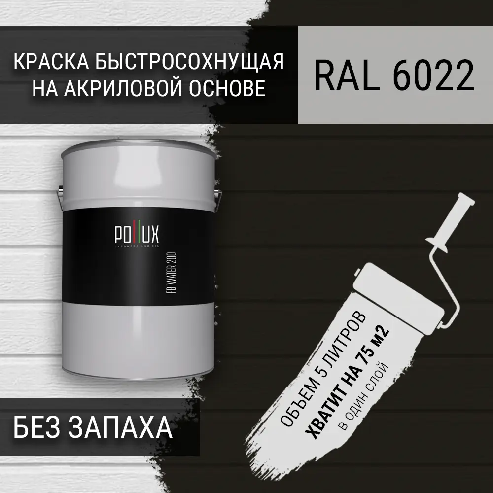 Фото Краска для стен моющаяся Pollux быстросохнущая без запаха укрывная полуматовая цвет коричнево-оливковый RAL 6022 5 л Фото Краска для стен моющаяся Pollux быстросохнущая без запаха укрывная полуматовая цвет коричнево-оливковый RAL 6022 5 л