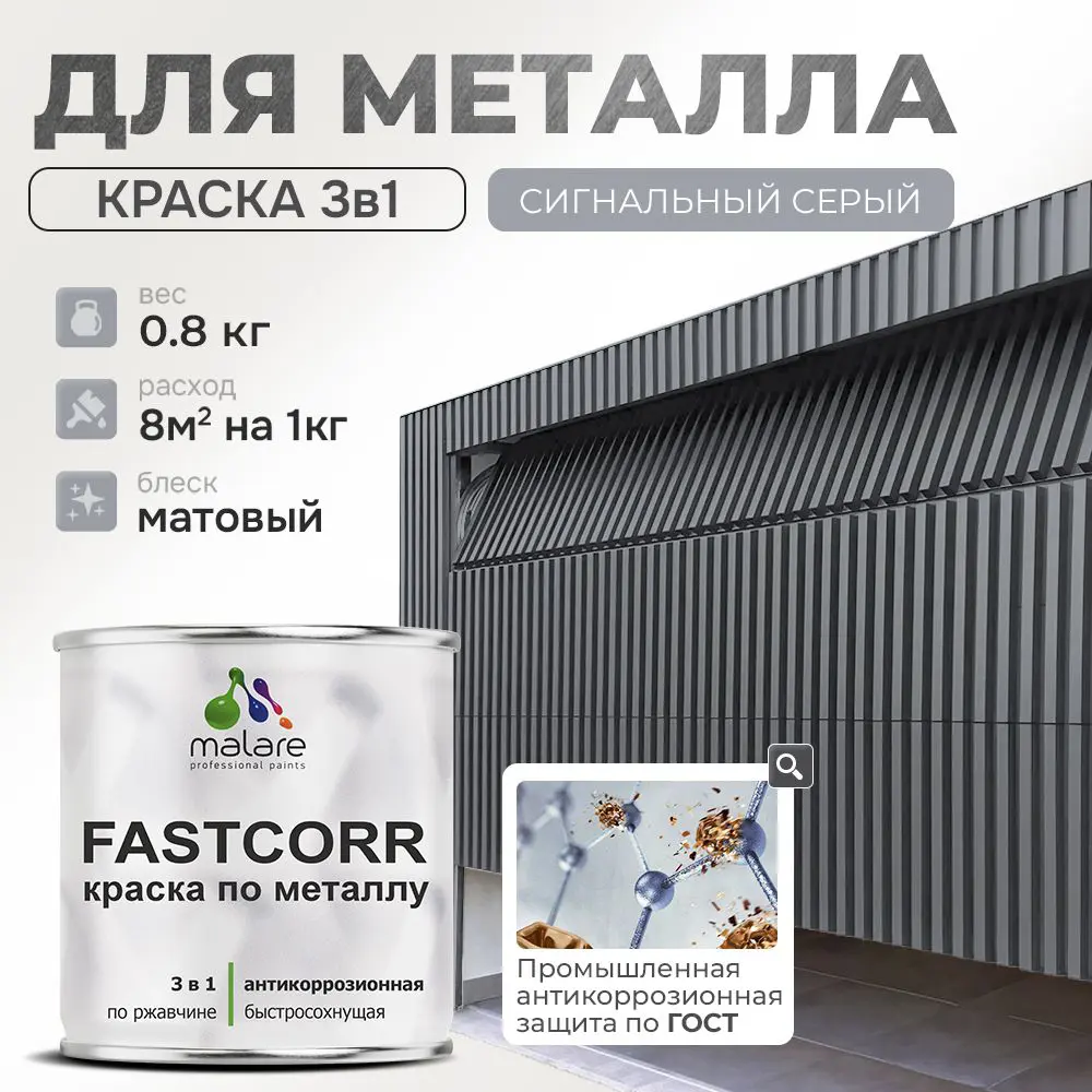 Фото Эмаль по металлу и ржавчине Malare FastCorr износостойкая быстросохнущая цвет RAL 7004 сигнальный серый матовая 0.8 кг