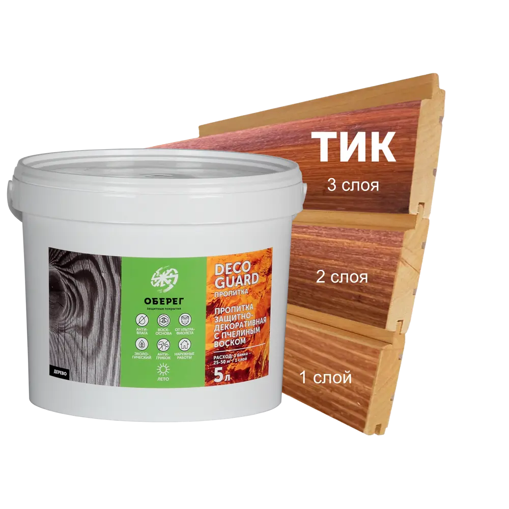 Фото Пропитка для древесины с пчелиным воском Оберег DecoGuard тик 5 л Фото Пропитка для древесины с пчелиным воском Оберег DecoGuard тик 5 л