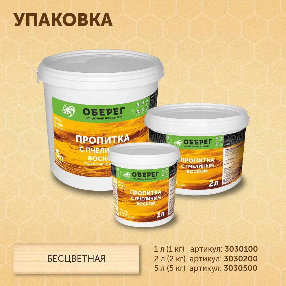 Фото 5 Пропитка для древесины с пчелиным воском Оберег DecoGuard бесцветная 2 л Фото 5 Пропитка для древесины с пчелиным воском Оберег DecoGuard бесцветная 2 л