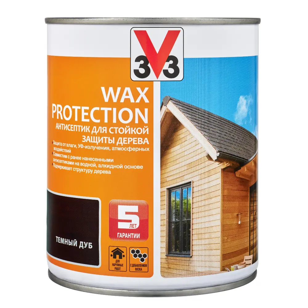 Фото Антисептик алкидный для дерева V33 WAX PROTECTION с добавлением воска полуглянец темный дуб 0.9 л Фото Антисептик алкидный для дерева V33 WAX PROTECTION с добавлением воска полуглянец темный дуб 0.9 л