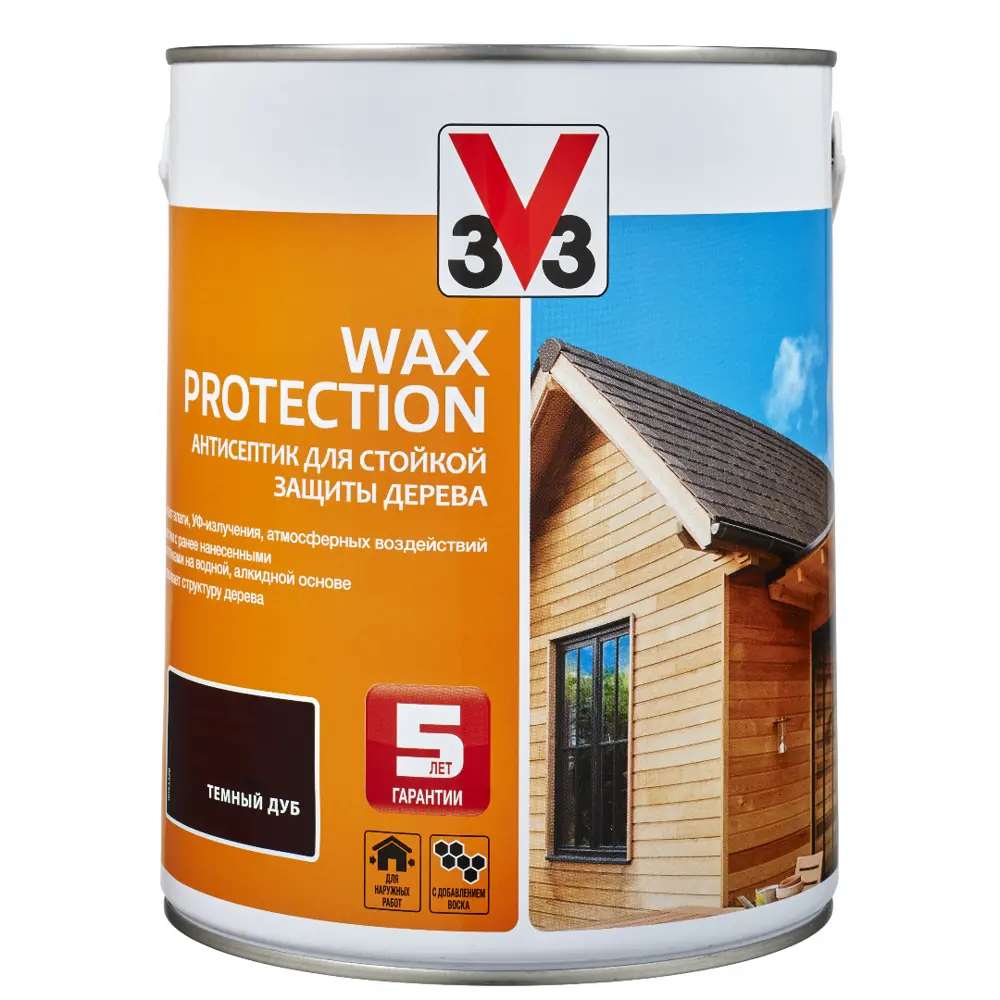 Фото Антисептик алкидный для дерева V33 WAX PROTECTION с добавлением воска полуглянец темный дуб 2.5 л Фото Антисептик алкидный для дерева V33 WAX PROTECTION с добавлением воска полуглянец темный дуб 2.5 л