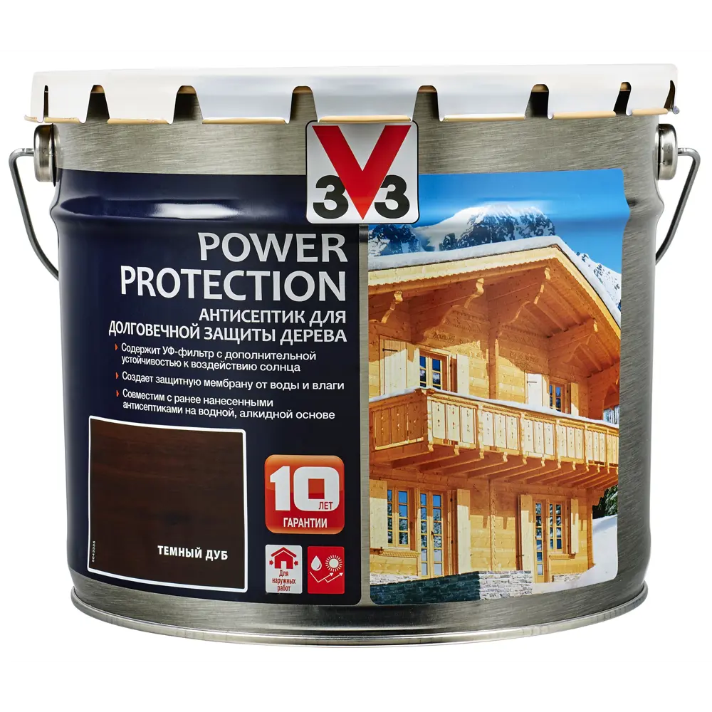 Фото Антисептик алкидный для дерева V33 POWER PROTECTION полуглянец темный дуб 9 л Фото Антисептик алкидный для дерева V33 POWER PROTECTION полуглянец темный дуб 9 л