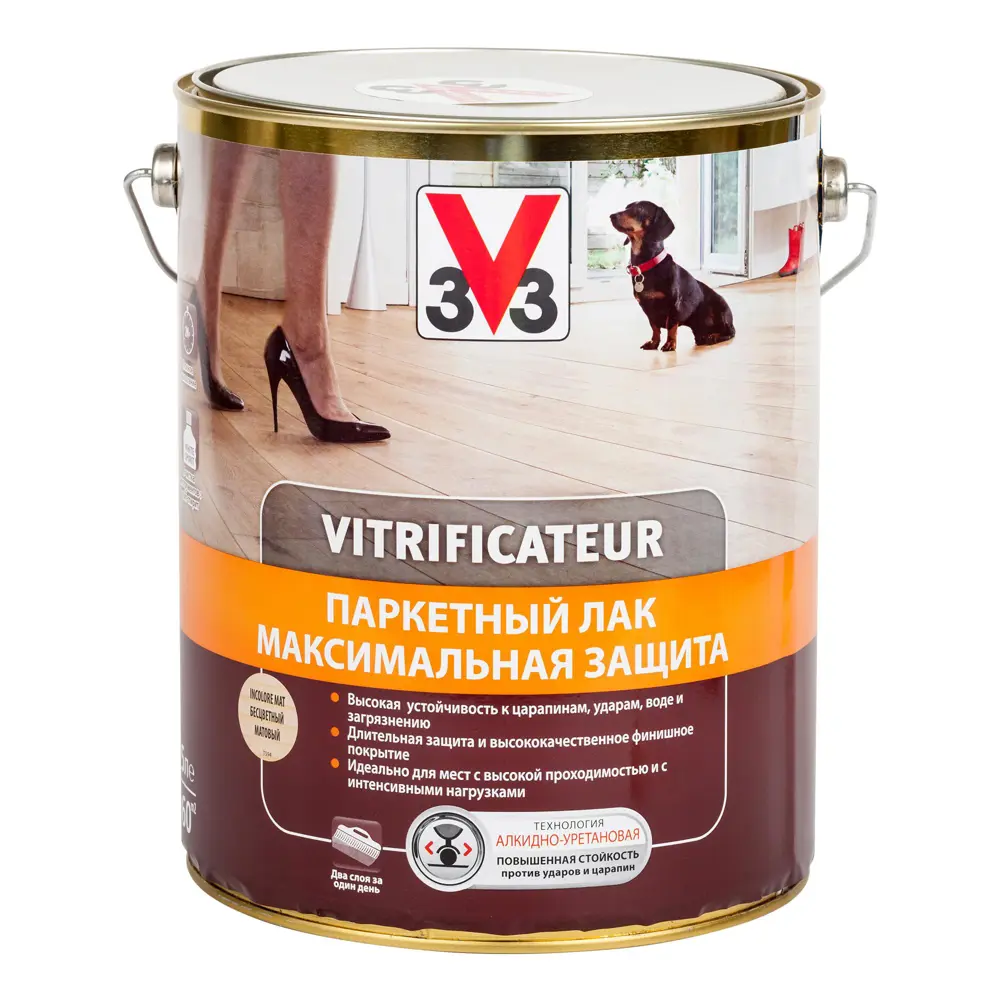 Фото Паркетный лак V33 полиуретановый алкидный Максимальная защита Матовый 5л Фото Паркетный лак V33 полиуретановый алкидный Максимальная защита Матовый 5л