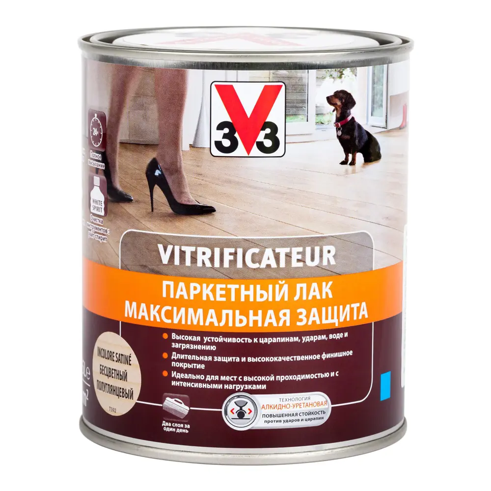 Фото Паркетный лак V33 полиуретановый алкидный максимальная защита полуглянец 0.75л Фото Паркетный лак V33 полиуретановый алкидный максимальная защита полуглянец 0.75л