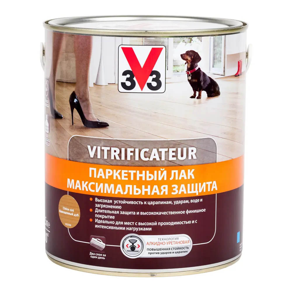 Фото Паркетный лак V33 полиуретановый алкидный максимальная защита полуглянец цвет дуб 2.5л Фото Паркетный лак V33 полиуретановый алкидный максимальная защита полуглянец цвет дуб 2.5л