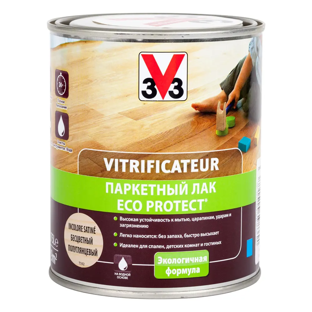 Фото Паркетный лак V33 полиуретановый акриловый ECO PROTECT полуглянец 0.75л Фото Паркетный лак V33 полиуретановый акриловый ECO PROTECT полуглянец 0.75л