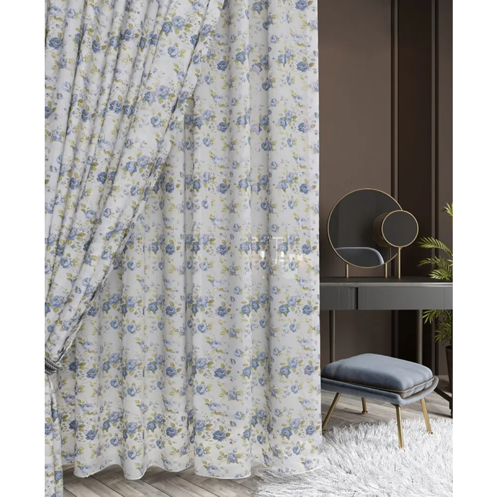 Фото 2 Тюль Розы YML1798 на шторной ленте 260x400 см, цвет голубой