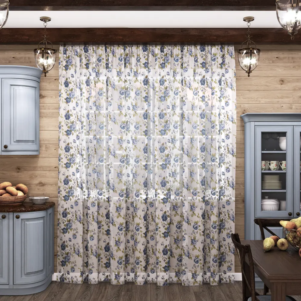 Фото Тюль Розы YML1798 на шторной ленте 260x400 см, цвет голубой