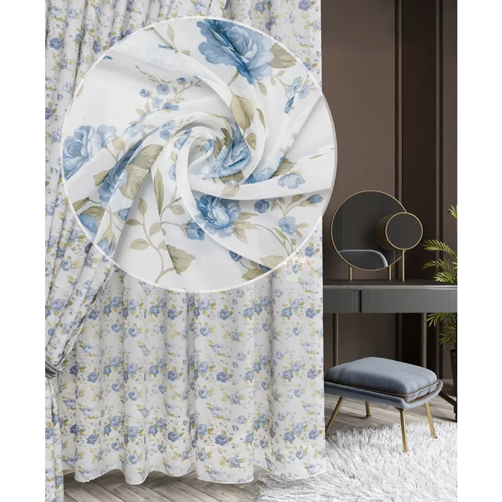 Фото 3 Тюль Розы YML1798 на шторной ленте 260x400 см, цвет голубой