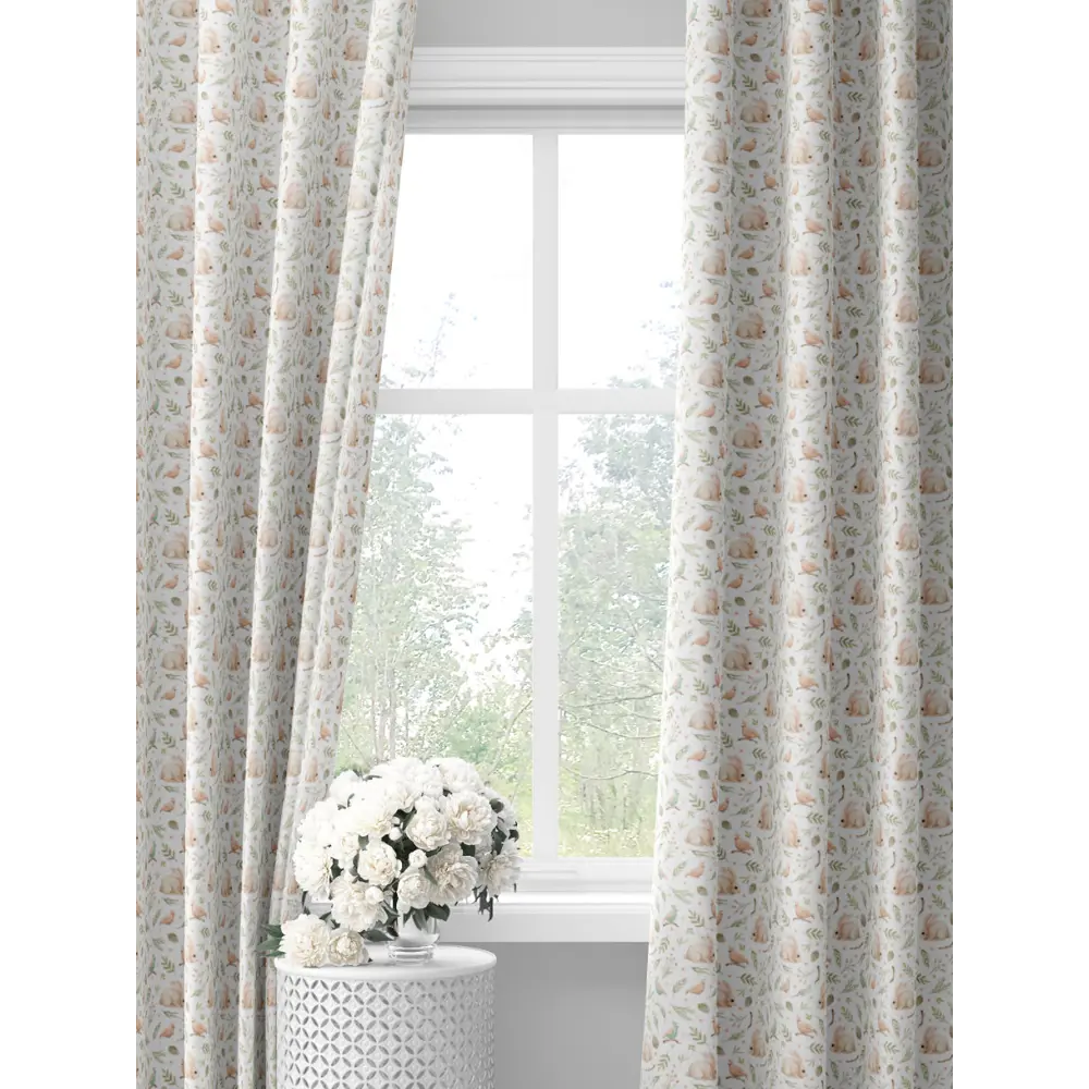 Фото Комплект детских белых штор с зелеными веточками и кроликами Decoracion #33102601, 145x275 x2 шт