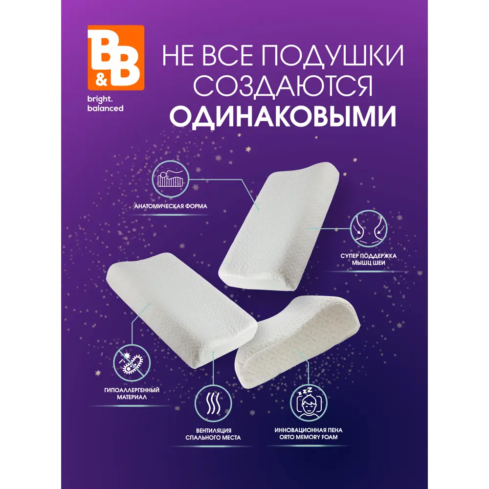 Фото 2 Подушка анатомическая B&B bright.balanced 60x40x13/11 с эффектом памяти Memory Foam Фото 2 Подушка анатомическая B&B bright.balanced 60x40x13/11 с эффектом памяти Memory Foam