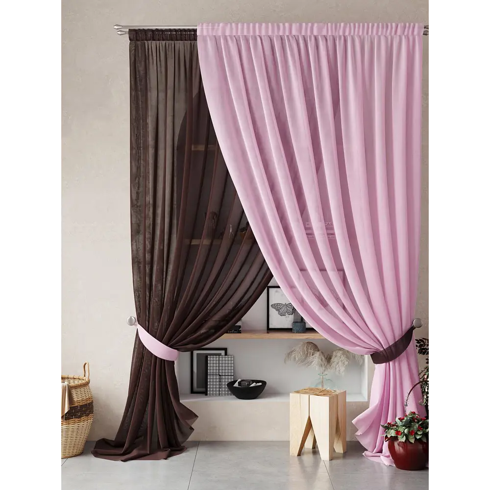 Фото 8 Тюль на шторной ленте Helga Нариа 300x270 цвет коричнево-розовый