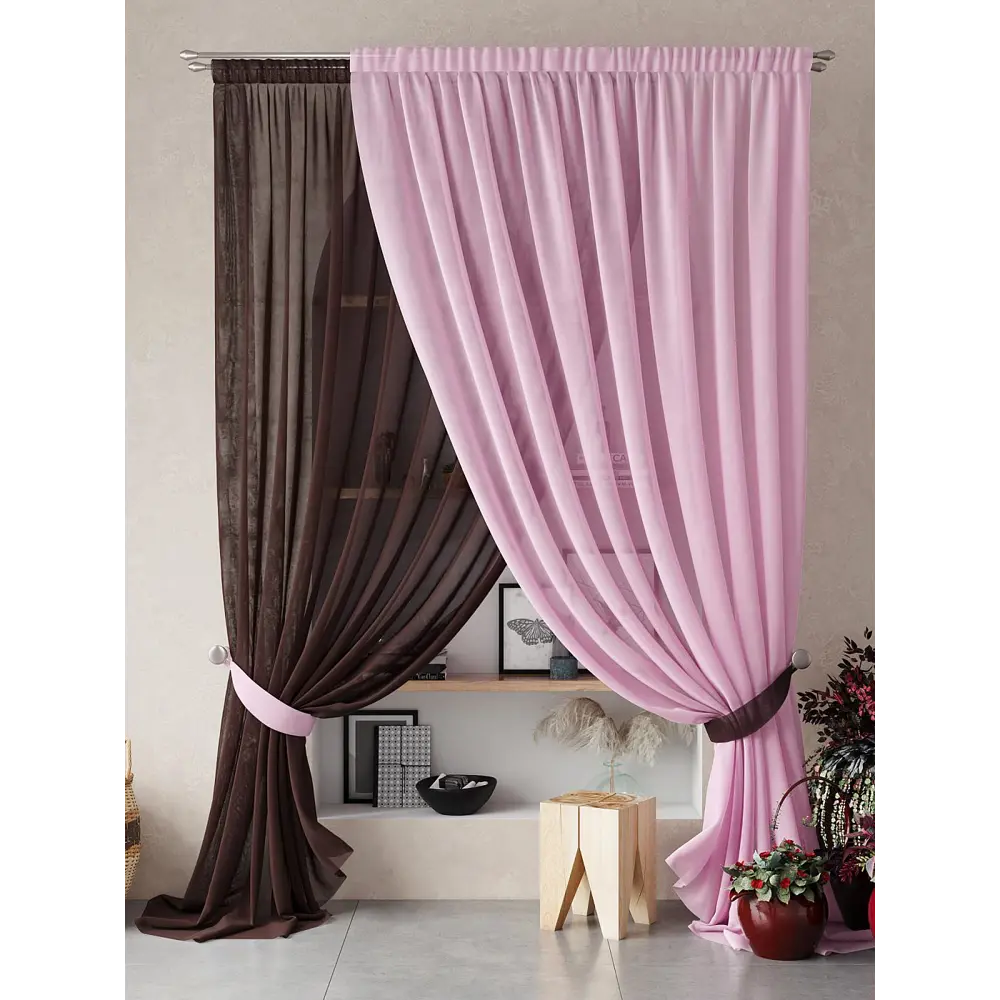 Фото Тюль на шторной ленте Helga Нариа 300x290 цвет коричнево-розовый