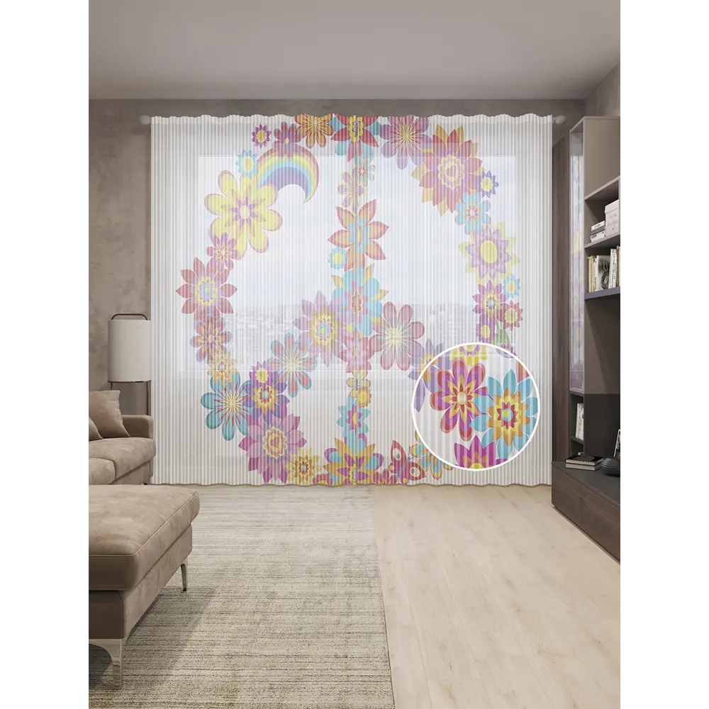 Фото Тюль Joyarty на шторной ленте Цветочные хиппи 310x265 см рисунок растительный цвет красный