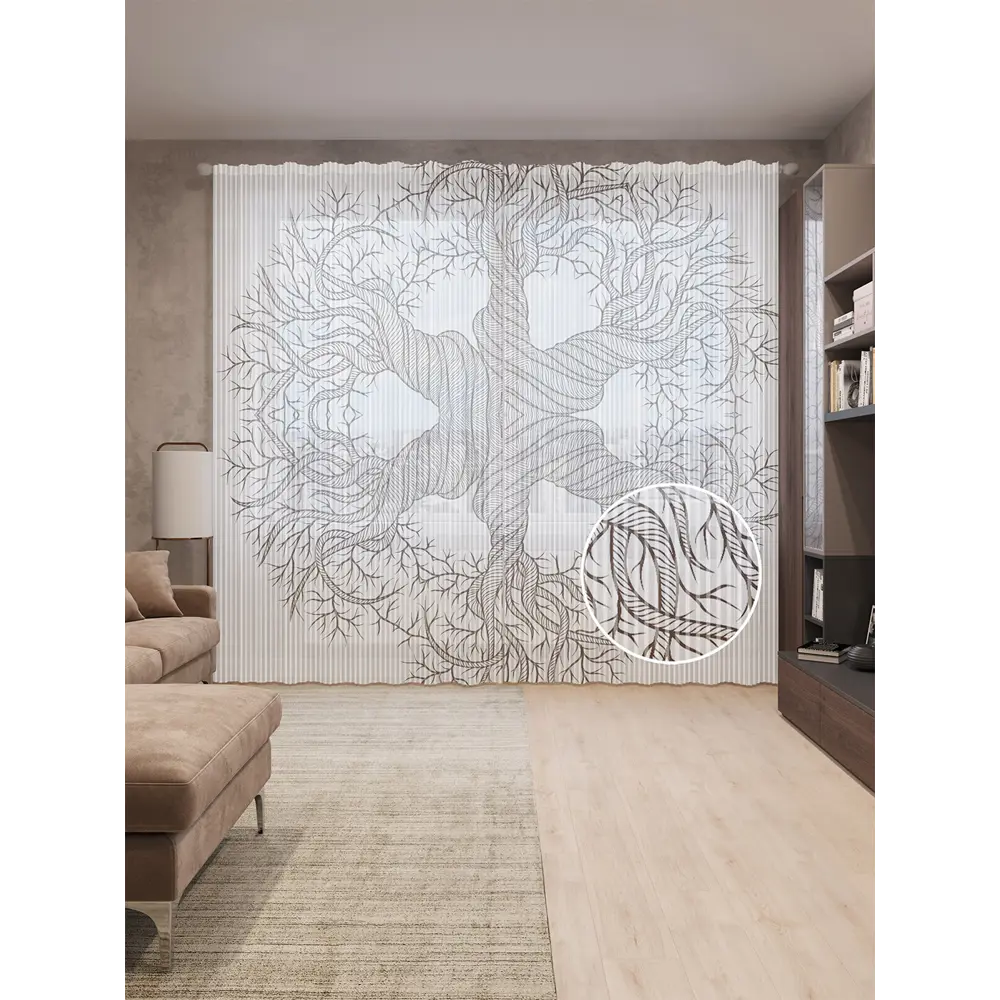 Фото Тюль Joyarty на шторной ленте Древо вечности 310x265 см рисунок растительный цвет черный