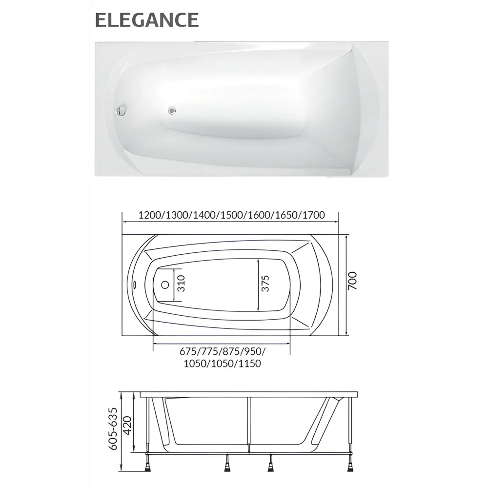 Фото 6 Прямоугольная ванна 1marka ELEGANCE 01эл1670кс1+_nvsb акрил 160x70см