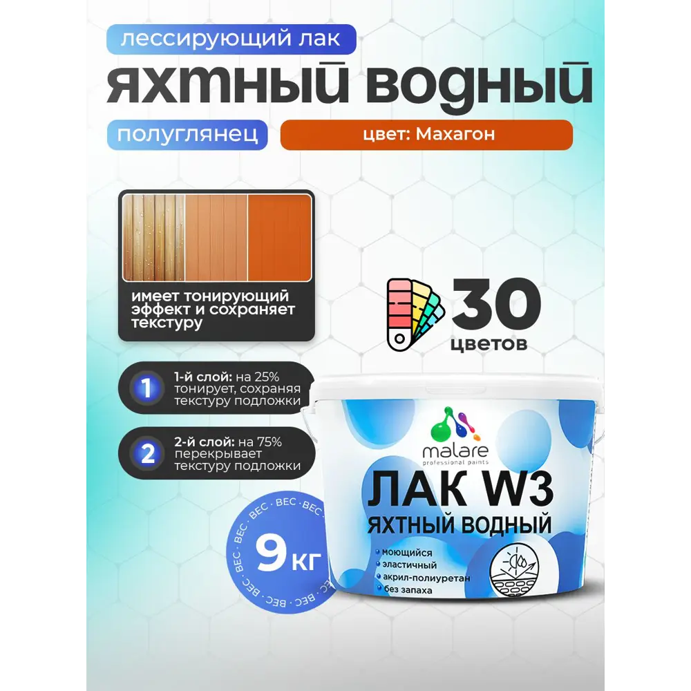 Фото 2 Лак яхтный тонирующий Malare Series W полуглянцевый махагон 9 кг