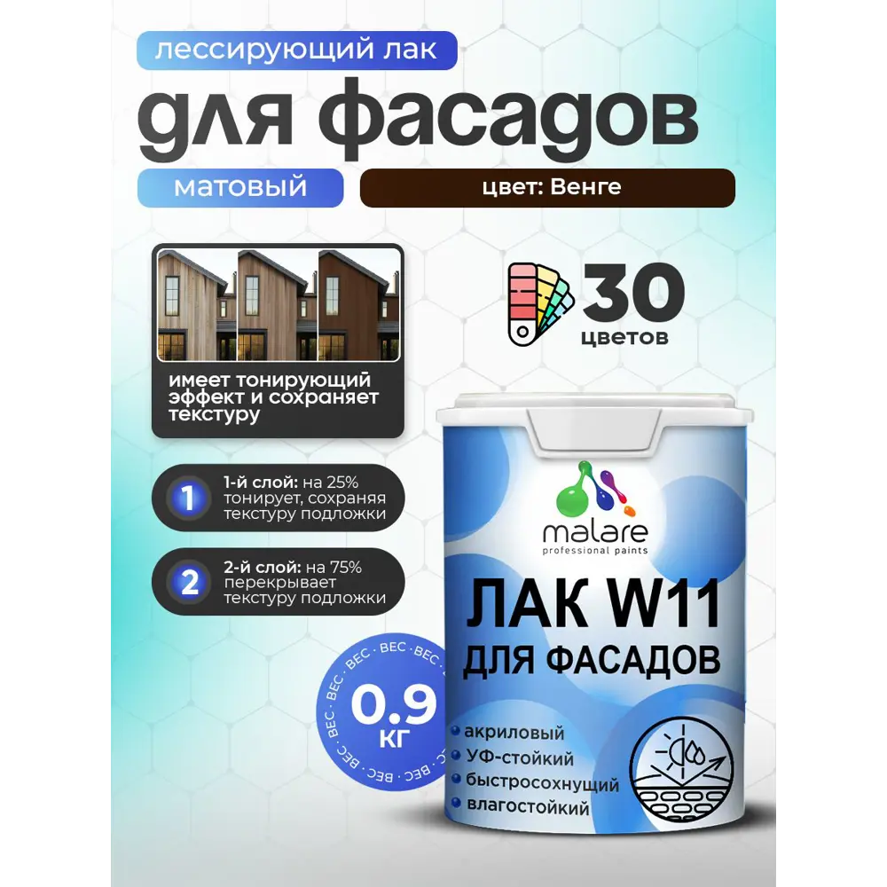 Фото 2 Лак фасадный универсальный тонирующий Malare Series W матовый венге 0.9 кг