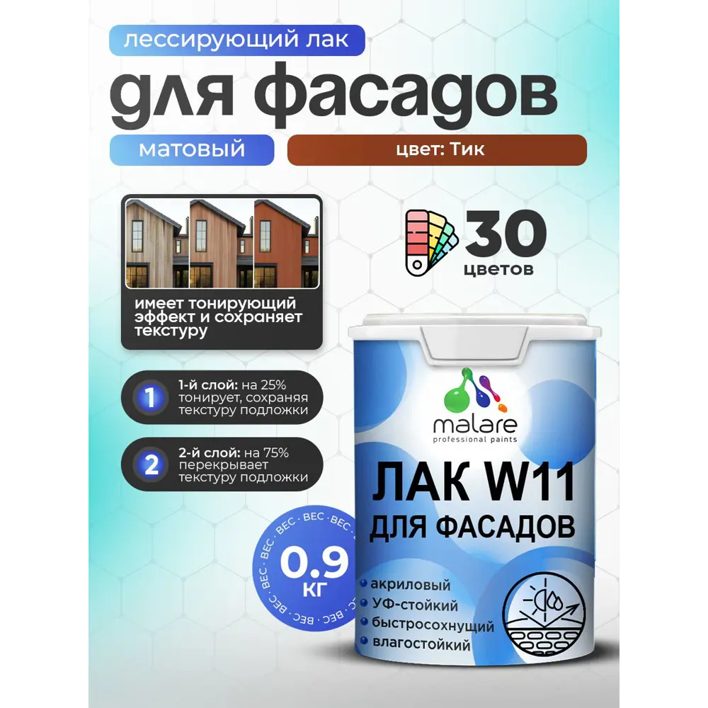 Фото 2 Лак фасадный универсальный тонирующий Malare Series W матовый тик 0.9 кг Фото 2 Лак фасадный универсальный тонирующий Malare Series W матовый тик 0.9 кг
